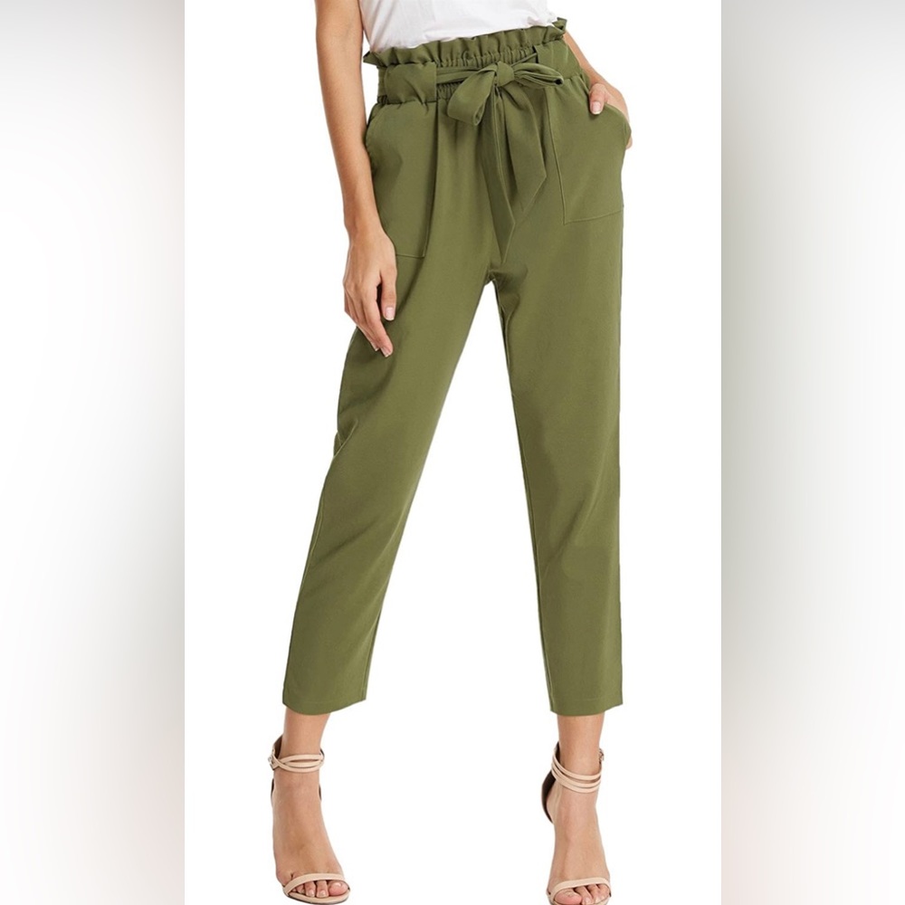 Army Green GRACE KARIN Cropped Paper Bag Waist Pants with Pockets